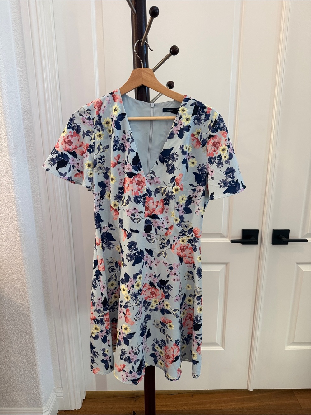 French Connection Light Blue Floral V-Neck Mini Dress